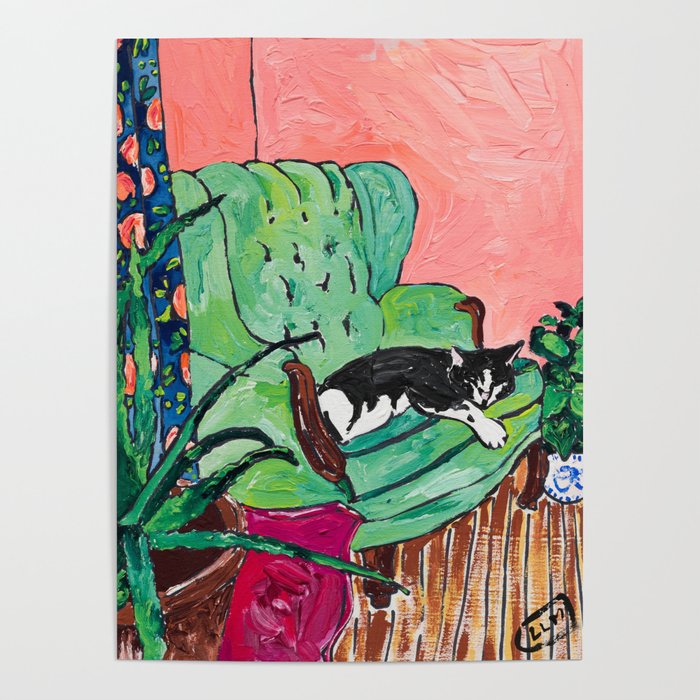 Napping Tuxedo Cat in Overstuffed Sage Green Armchair with Pink Interior After Matisse Painting Poster
