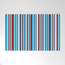 [ Thumbnail: Deep Sky Blue, Dark Red & Light Cyan Colored Pattern of Stripes Welcome Mat ]