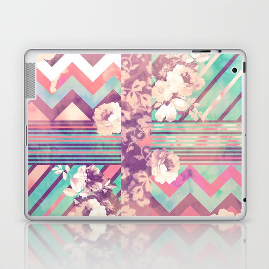 Retro Pink Turquoise Floral Stripe Chevron Pattern Laptop & iPad Skin
