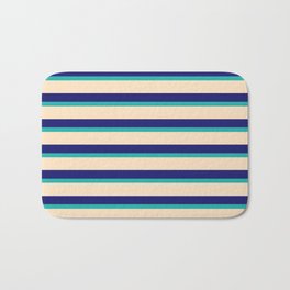 [ Thumbnail: Light Sea Green, Bisque, and Midnight Blue Colored Striped Pattern Bath Mat ]