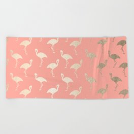 Gold Flamingo Pattern Coral Pink Beach Towel