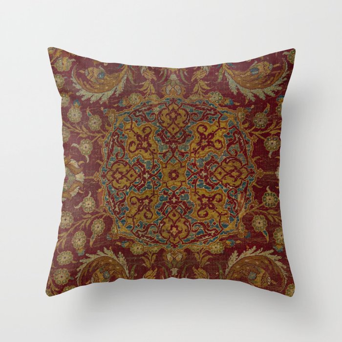 Boho Funky II // 16th Century Distressed Red Green Blue Flowery Colorful Ornate Rug Pattern Throw Pillow