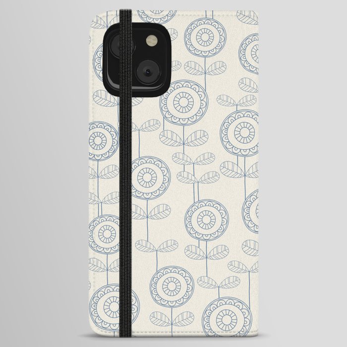 Abstract Scandinavian Flowers Pattern Blue and Ivory iPhone Wallet Case