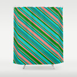 [ Thumbnail: Salmon, Green, Dark Turquoise, and Dark Cyan Colored Lines Pattern Shower Curtain ]