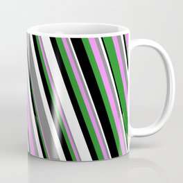 [ Thumbnail: Colorful Gray, Violet, Forest Green, Black & White Colored Striped Pattern Coffee Mug ]