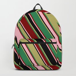 [ Thumbnail: Colorful Pink, Black, Dark Khaki, Sea Green & Dark Red Colored Pattern of Stripes Backpack ]