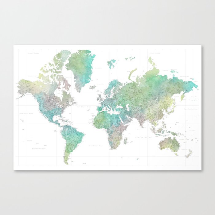 Highly detailed watercolor world map, "Oriole" Canvas Print