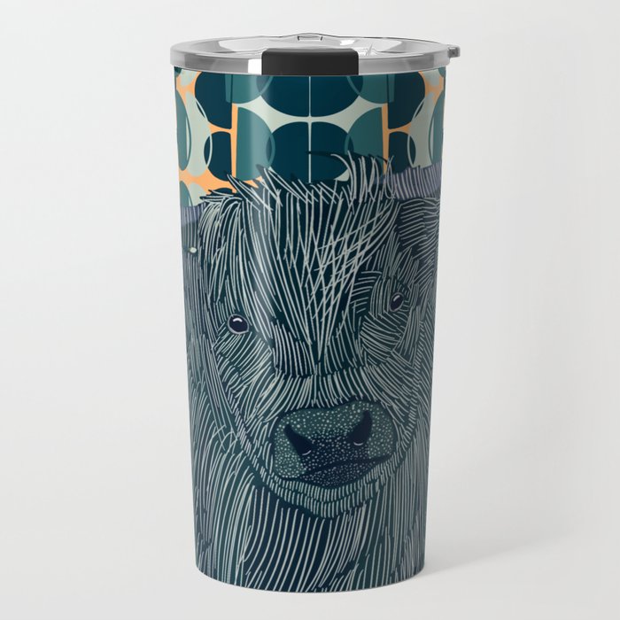 Highlands cow with a green and orange patterned background Travel Mug