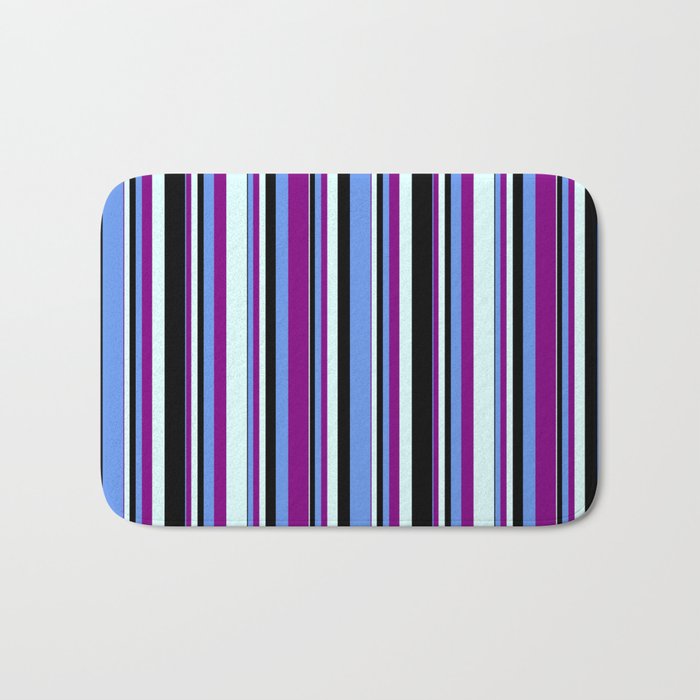 Cornflower Blue, Purple, Light Cyan, and Black Colored Stripes Pattern Bath Mat
