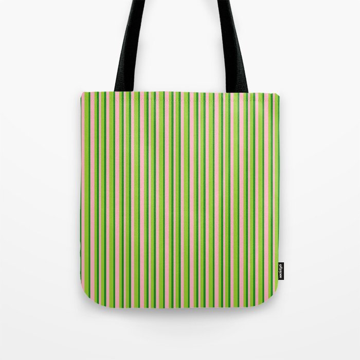 Light Pink, Green & Forest Green Colored Lines Pattern Tote Bag