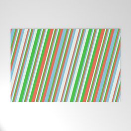 [ Thumbnail: Red, Sky Blue, Mint Cream, and Lime Green Colored Pattern of Stripes Welcome Mat ]