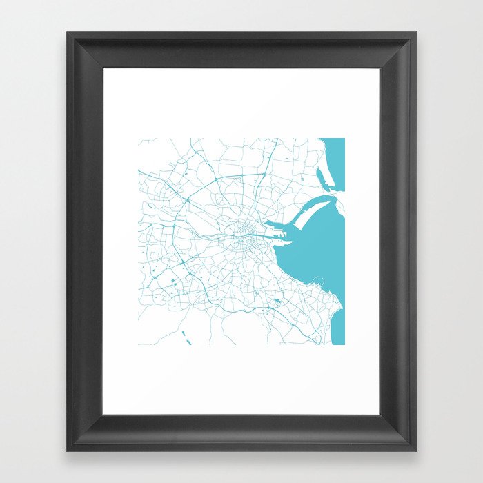 White on Turquoise Dublin Street Map Framed Art Print