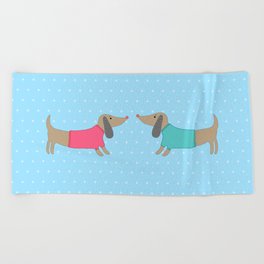 Cute dogs in love with dots in blue background Beach Towel
