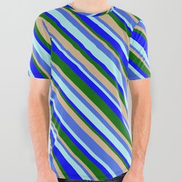 [ Thumbnail: Eye-catching Tan, Royal Blue, Turquoise, Blue & Dark Green Colored Pattern of Stripes All Over Graphic Tee ]