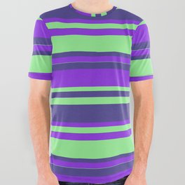 [ Thumbnail: Purple, Light Green & Dark Slate Blue Colored Lines/Stripes Pattern All Over Graphic Tee ]
