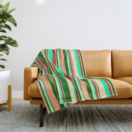 [ Thumbnail: Eye-catching Brown, Green, Beige, Dark Green & Light Salmon Colored Lined/Striped Pattern Throw Blanket ]