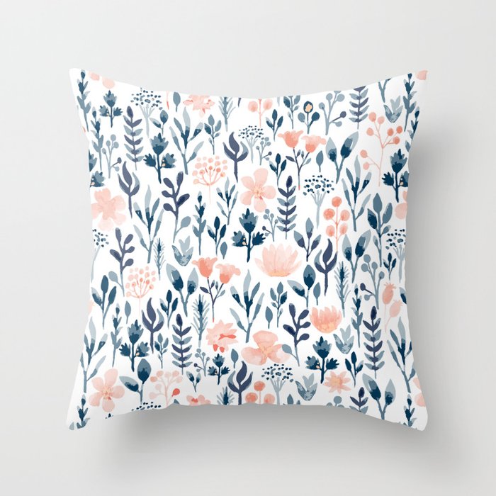 Watercolor Pastel Pink and Blue Floral Throw Pillow