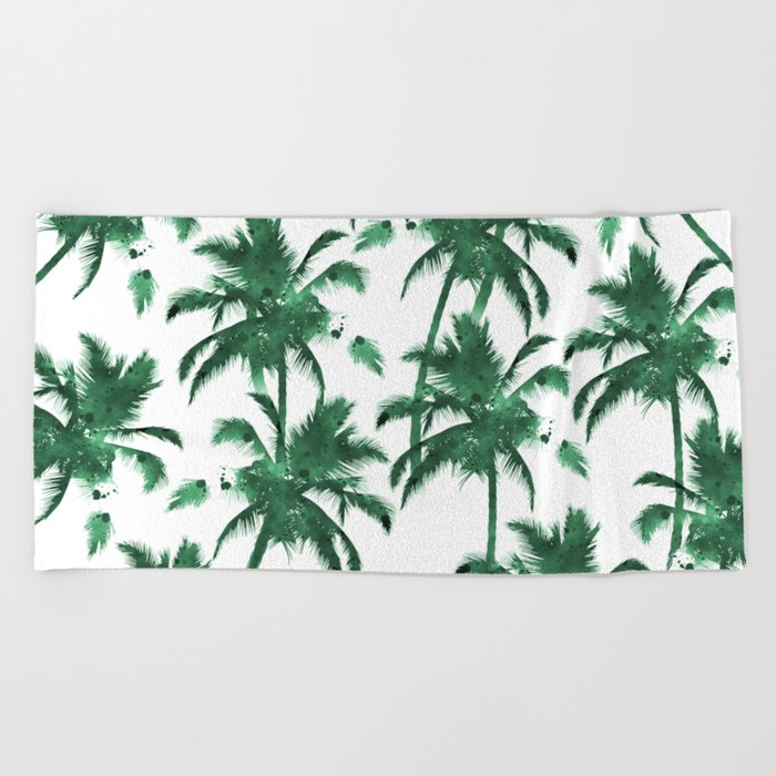 Tropical forest green white watercolor palm tree Beach Towel