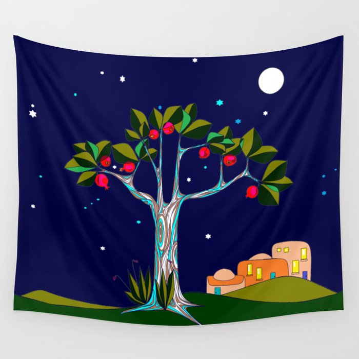A Traditional Pomegranate Tree in Israel at Nigh Wall Tapestry
