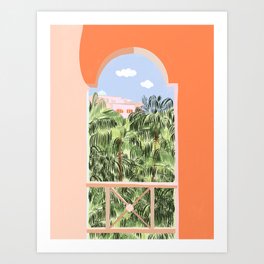 Summer Travel, Tropical Nature Palm Trees, Modern Architecture Palace Illustration Painting Art Print