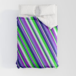 [ Thumbnail: Colorful Light Cyan, Dark Violet, Medium Slate Blue, Blue & Lime Colored Lined Pattern Comforter ]