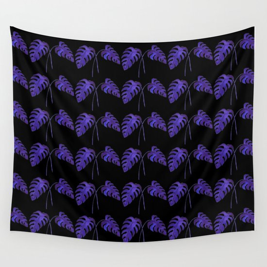 Indigo Monstera Leaf Watercolor on Black Wall Tapestry