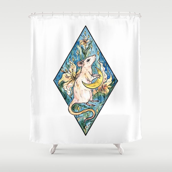 Rat with moon and lily ~ watercolor illustration Shower Curtain