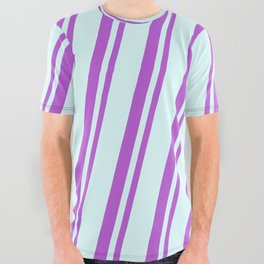 [ Thumbnail: Light Cyan and Orchid Colored Lined/Striped Pattern All Over Graphic Tee ]