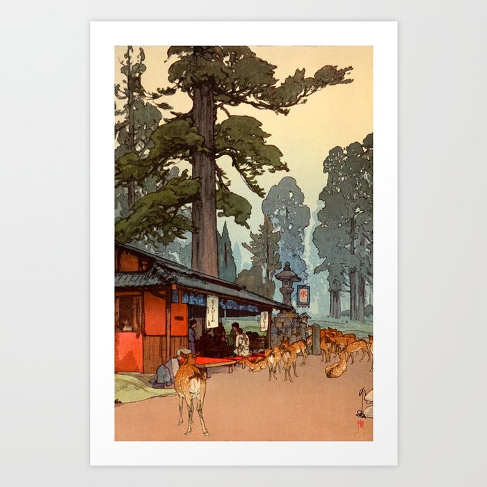 Deer at Kasuga Shrine by Hiroshi Yoshida - Japanese Vintage Ukiyo-e Woodblock Print Art Print