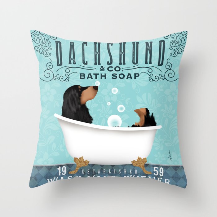 Longhaired Dachshund black tan bath clawfoot tub bubble bath  Throw Pillow
