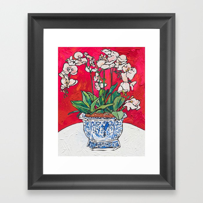 Orchid in Blue-and-white Bird Pot on Red after Matisse Framed Art Print