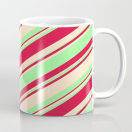 [ Thumbnail: Bisque, Green, and Crimson Colored Striped/Lined Pattern Coffee Mug ]