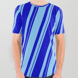 [ Thumbnail: Blue and Light Sky Blue Colored Lined/Striped Pattern All Over Graphic Tee ]