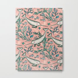 Narwhal Toile - peach pink Metal Print | Seashells, Cute, Curated, Narwhals, Mintgreen, Illustration, Unicornsofthesea, Seaweed, Animal, Micklyn 