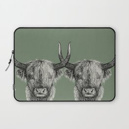 Scottish Highland Cows, pen and ink illustration, grassy green Laptop Sleeve