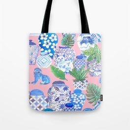 Chinoiserie Chic, Chinese ginger jars on pale pink Tote Bag