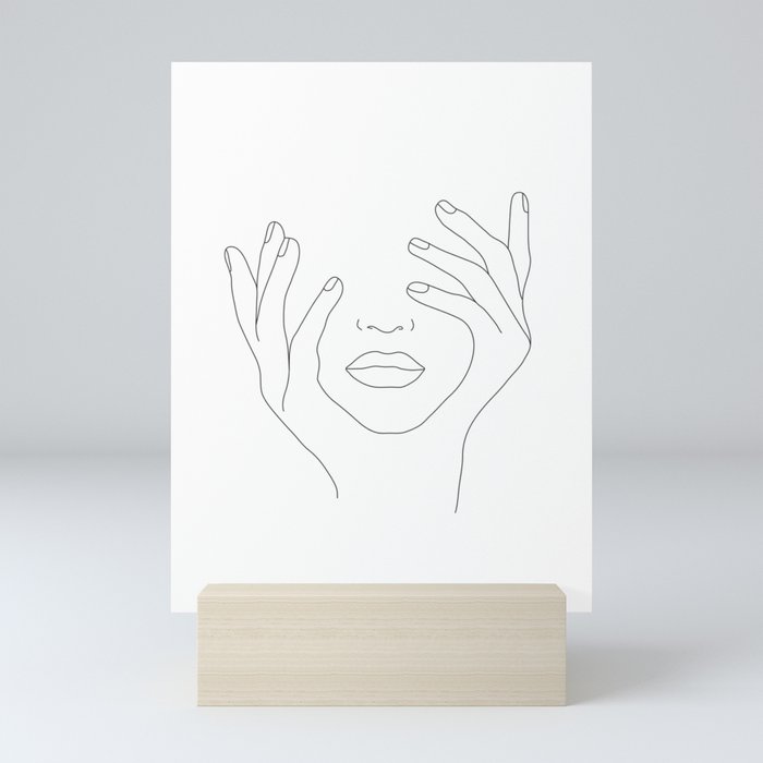 Minimal Line Art Woman with Hands on Face Mini Art Print