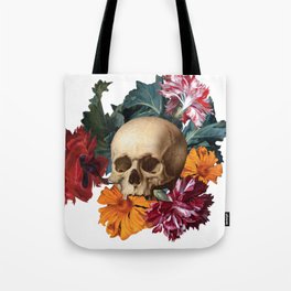 Skull with flowers. Antique colorful Oil Painting. Collage Surreal Art. Tote Bag