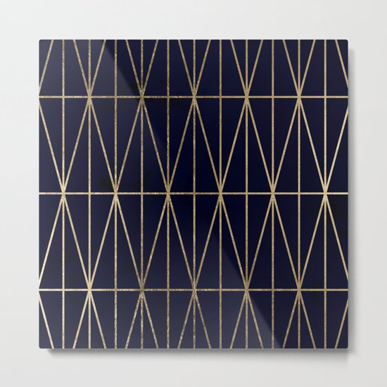 Modern gold geometric triangles pattern navy blue watercolor Metal Print