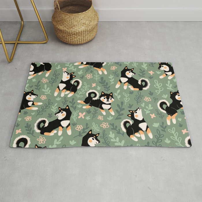 Playful Black And Tan Shiba Inu Pattern Rug