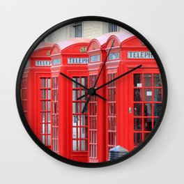 Great Britain Photography - Phone Booths Lined Up Beside Each Other Wall Clock