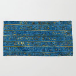 Golden Embossed Egyptian hieroglyphs on blue Beach Towel