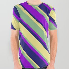 [ Thumbnail: Dark Sea Green, Dark Violet, Midnight Blue, and Tan Colored Lines Pattern All Over Graphic Tee ]