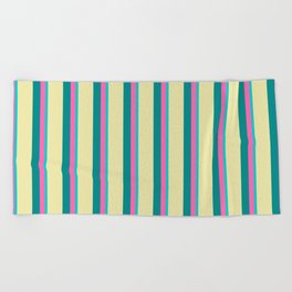 [ Thumbnail: Dark Turquoise, Hot Pink, Dark Cyan & Pale Goldenrod Colored Lined Pattern Beach Towel ]
