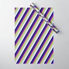 [ Thumbnail: Vibrant Green, Grey, Lavender, Blue & Purple Colored Lined Pattern Wrapping Paper ]