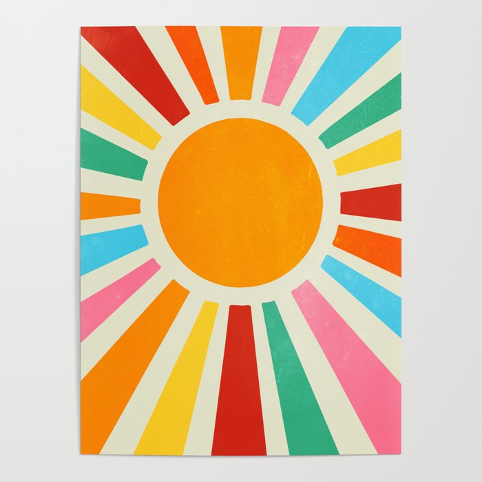Retro Sunrise: Rainbow Edition Poster | Graphic-design, Sunshine, Sun, Retro, Boho, Colorful, Sunrise, 70s, 90s, Rainbow