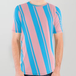 [ Thumbnail: Deep Sky Blue and Light Pink Colored Striped/Lined Pattern All Over Graphic Tee ]