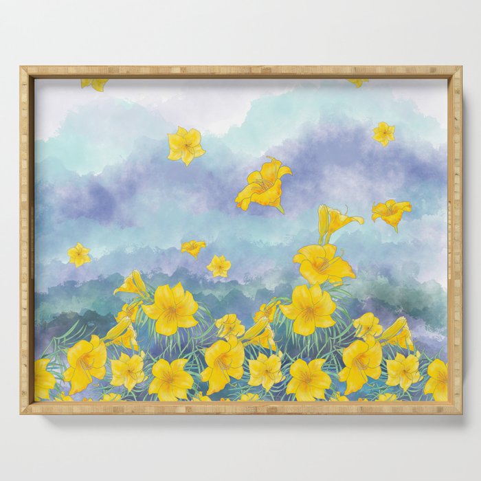 Stella D'Oro Daylily flowers over clouds Serving Tray