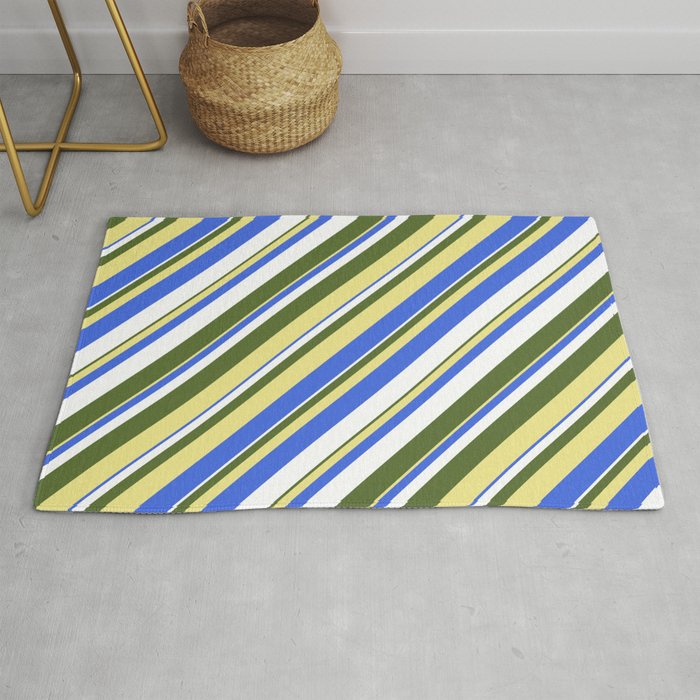 Dark Olive Green, Tan, Royal Blue, and White Colored Stripes Pattern Rug