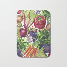 background of fresh vegetables watercolor illustration. Bath Mat | Pattern, Carrots, Peas, Vegetables, Onion, Ink, Garlic, Eggplant, Courgette, Collage 